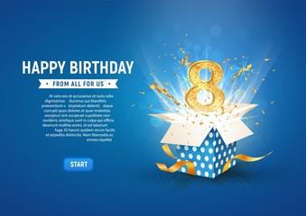 Wall Mural - 8 th year anniversary banner with open burst gift box. template eighth birthday celebration and abst