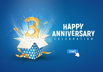 Wall Mural - 3 rd year anniversary banner with open burst gift box. Template third birthday celebration and abstract text on blue background vector illustration