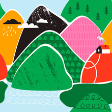 Small Tiny House, Mountains, Lake And Trees. Paper Cut Style. Flat Design. Scandinavian Style Illustration. Hand Drawn Trendy Vector Seamless Pattern