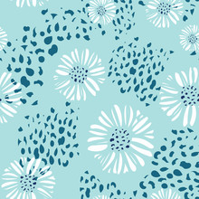 Beach Flowers Coastal Seamless Pattern In Turquoise Blue, Teal And White. Fresh, Vector Design. Great For Beach Wedding Invitations, Island Events, Textile Prints With Seaside Vibe And Paper Goods.
