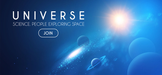 Wall Mural - planets in universe with star, nebula and galaxy lights. 3d realistic space. cosmos design.