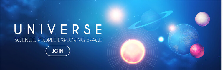 Wall Mural - planets in universe with star, nebula and galaxy lights. 3d realistic space. cosmos design.