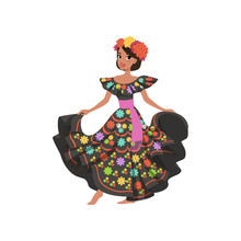 Young Beautiful Mexican Woman In Black Traditional National Dress Vector Illustration On A White Background