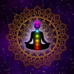 Wall Mural - Meditation man with aura and seven chakras in the universe
