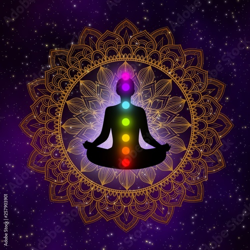Cuadros en Lienzo Meditation man with aura and seven chakras in the universe