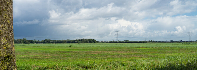 panorama of Dutch landscape Alblasserwaard, with meadow and high voltage tower and church