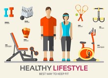 Sport Life Stile Infographic With Gym Device, Equipment And Items. Training Apparatus On A Flat Design Style. Vector Illustration Workout Concept Icons Set