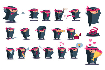 Sticker - Ninja set, japanese warrior wearing mask and traditional clothes, samurai character in different situations and various emotions vector Illustrations