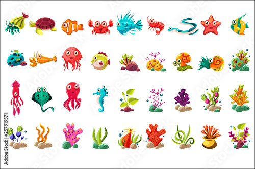 Photo Sea creature big set, colorful cartoon ocean animals, plants and fishes vector I