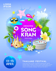 Happy Amazing Songkran festival thailand on blue poster background, vector illustration