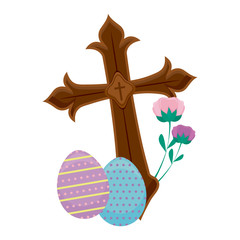 Canvas Print - wooden catholic cross with eggs of easter