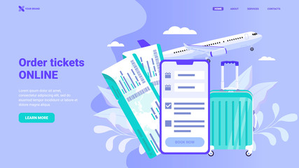 Book your flight online: web design concept. Flat vector illustration with floral elements, can be used for banner, hero images. Buy tickets, check in on-line or using mobile application.