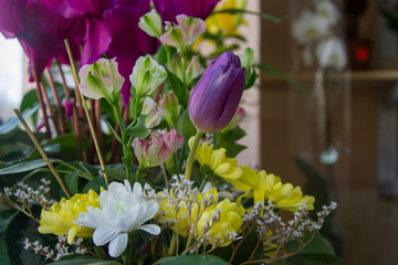 Mixed flowers bouquet, purple tulip, bunch of beautiful flowers, blooming, for 8 march, mother's day, women's day, valentine's day, tulips, yellow chrysanthemum