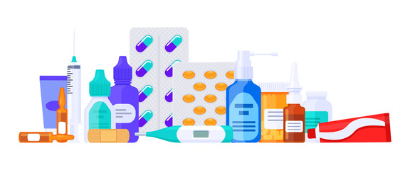 different types of medicaments, drugs, pills and bottles. flat vector illustration isolated on white