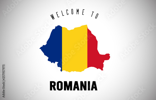 Fotomural Romania Welcome to Text and Country flag inside Country border Map Vector Design