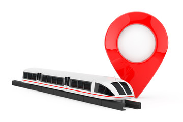 Poster - Super High Speed Futuristic Commuter Train near Target Pin Pointer. 3d Rendering