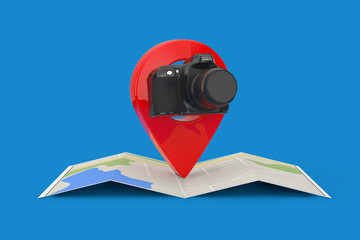 Poster - abstract modern digital photo camera over folded abstract navigation map with target pin pointer. 3d