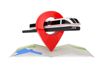 Poster - Super High Speed Futuristic Commuter Train over Folded Abstract Navigation Map with Target Pin Pointer. 3d Rendering