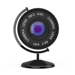Poster - Vintage Camera Photo Lens in the Shape of Earth Globe. 3d Rendering