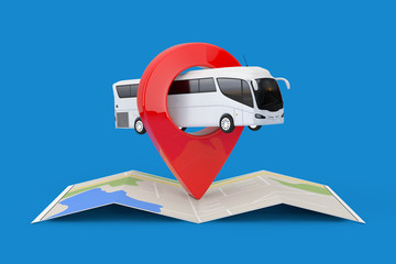 Big White Coach Tour Bus  over Folded Abstract Navigation Map with Target Pin Pointer. 3d Rendering