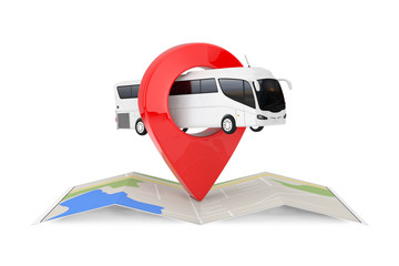 Aufkleber - Big White Coach Tour Bus  over Folded Abstract Navigation Map with Target Pin Pointer. 3d Rendering