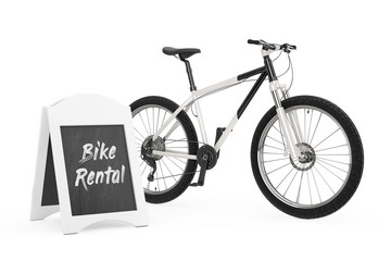 Poster - Outdoor Blackboard Bike Rental Display near Black and White Mountain Bike. 3d Rendering