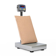 Aufkleber - Brown Blank Paper Sack Bag over Warehouse Digital Cargo Scales. 3d Rendering