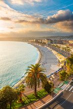 High Angle View Of Promenade By Beach During Sunset, French Riviera
