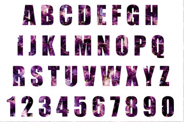 Leinwandbilder - Latin alphabet letters and numbers. Font with background of amethyst