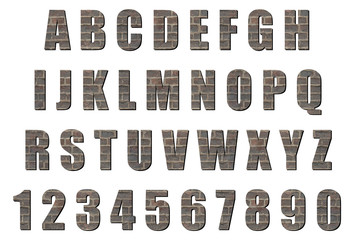 Leinwandbilder - Latin alphabet and numbers with black substrate. Font with background of wall of gray brick