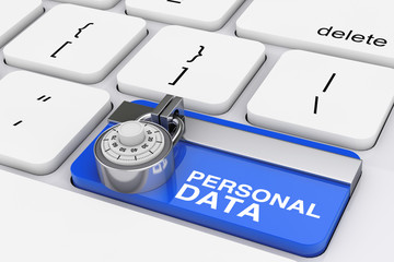 Poster - Personal Data Protection Concept. Padlock over Computer Keyboard with Blue Locked Personal Data Key. 3d Rendering