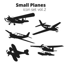 Small Planes Vector Illustration Set. Single Engine Propelled Passenger Aircraft.