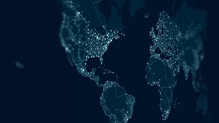 Communications network map of the world, monitor screen in perspective