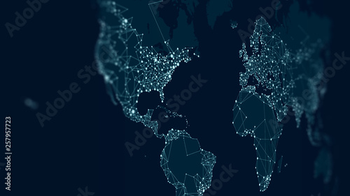 Foto Communications network map of the world, monitor screen in perspective