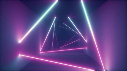 Wall Mural - Abstract flying in futuristic corridor with triangles, seamless loop 4k background, fluorescent ultraviolet light, colorful laser neon lines, geometric endless tunnel, blue pink spectrum, 3d render