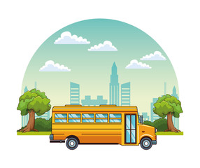 Poster - School bus passing by city scenery