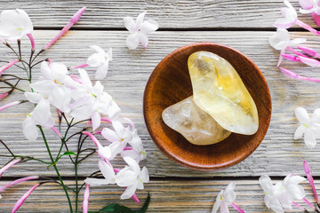 Wall Mural - Teak Bowl of Citrine with Jasmine on White Washed Wood