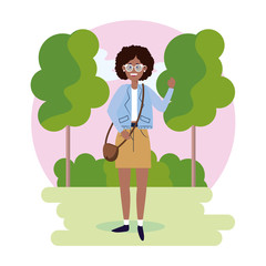 Wall Mural - woman wearing glasses with bag and trees with bushes