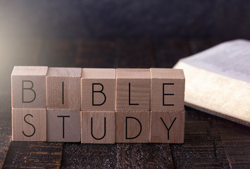 Poster - Bible Study Spelled in Block Letters on a \ Table with a Bible