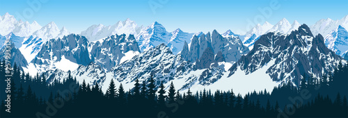 Plakat wektor karakorum Himalajów z panoramą lasu