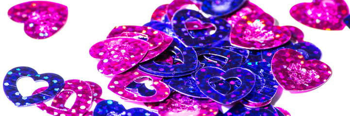 Poster - Hearts background. Lots of glittery pink and purple hearts isolated on white. Romance, love, caring, romantic concept background. Arts and crafts. Heart pattern.