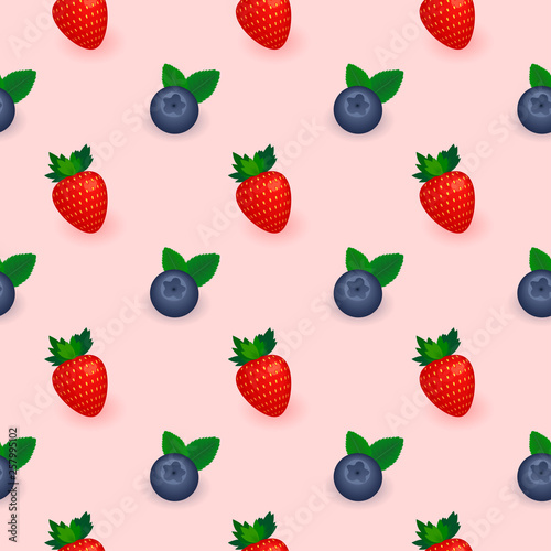 Strawberry And Blueberries Mint Beautiful Seamless Pattern