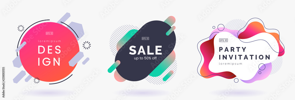 Abstract colorful badges set isolated on white background. Abstract dynamic geometric banners. Modern backdrop with place for text. Applicable for advertising, invitation, price tags. Vector eps 10. - obrazy, fototapety, plakaty 