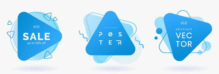 Aufkleber - Set of abstract triangle banners with decorative elements. Blue badges collection. Abstract geometric shapes. Dynamic composition. Use for advertising, science poster, price tags. Vector eps 10.