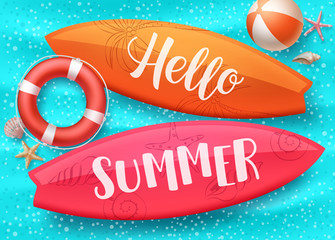 Wall Mural - Hello summer vector design with surfboard floating in blue water pool and colorful beach elements like lifebuoy and beach ball. Vector illustration.