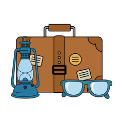 Sticker - suitcase travel with eyeglasses and camping icon