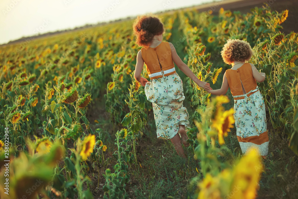 Children in sunflowers - obrazy, fototapety, plakaty 
