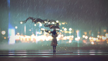 Mysterious Woman With Umbrella At Rainy Night, Digital Art Style, Illustration Painting