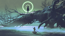 Dark-fantasy Scene Of The Boy On A Boat Looking At The Mysterious Man With One Eye On A Fallen Tree In River At Night, Digital Art Style, Illustration Painting