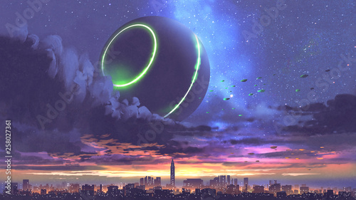 Fotomural unidentified flying object coming out of black clouds above the city with skyscr